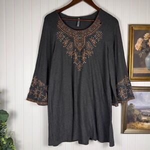 Monoreno Charcoal Gray Embroidered Bell Sleeve Boho Tunic Top Large
